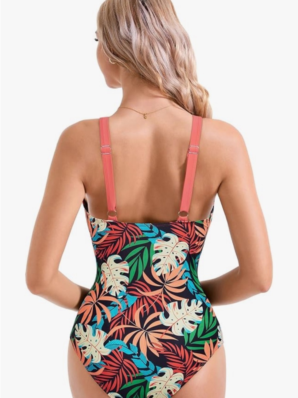 🚘 NWOT High Waist 1-Piece Swimsuit in Coral with Tropical Print mesh middle XXL - Picture 3 of 10